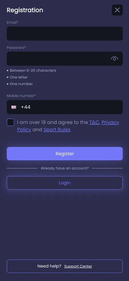 Betrino registration form